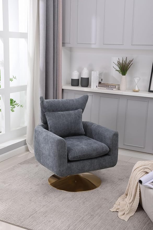 Swivel Accent Chairs for Living Room Mid Century Modern Accent Chair with Arms Comfy Side Chairs for Living Room with Gold Base &amp Lumbar Pillow Upholstered Armchair with Wingback (Dusty Blue)