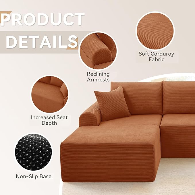 103 Cloud Modular Sectional Couch for Living RoomModern L-Shape Sofa Couch with Chaise Upholstered Modular Sectional Sofa with Deep SeatNo Assembly Required(Orange Left Facing Chaise)