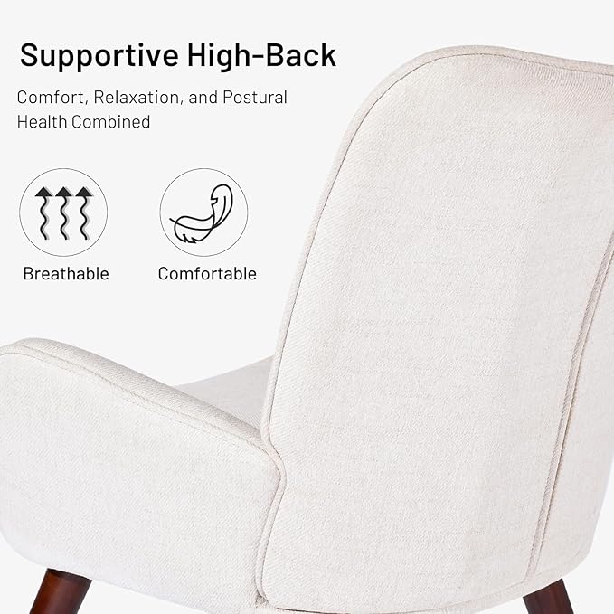 FurnitureR Tufted Wingback Accent Chair for Bedroom/Lounge Leisure Armchairs High Back Ergonomic Fabric Upholstered Living Room Chair Comfortable Stylish with Solid Wood Legs Beige/Walnut