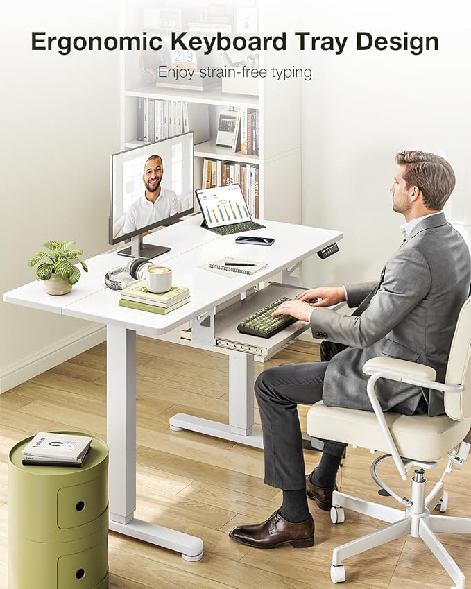 Casaottima Electric Standing Desk with Keyboard Tray 40 Inch Height Adjustable Small Table Sit Stand Table Writing Computer Desk for Home Office Workstation White