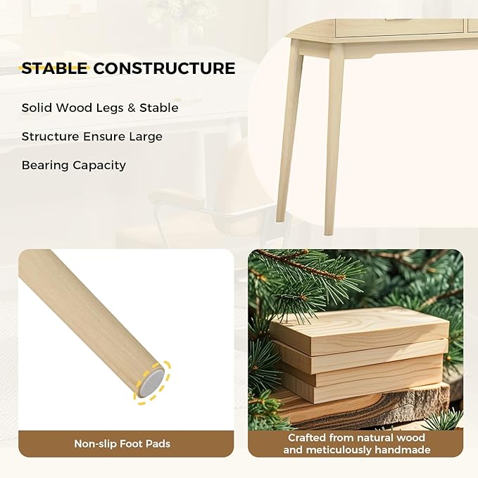 Small Wood Desk with Drawers - 40 Inch Home Office Study Writing Desk for Bedroom Vanity Desk with 4 Solid Legs Modern Computer Desk for Small Spaces