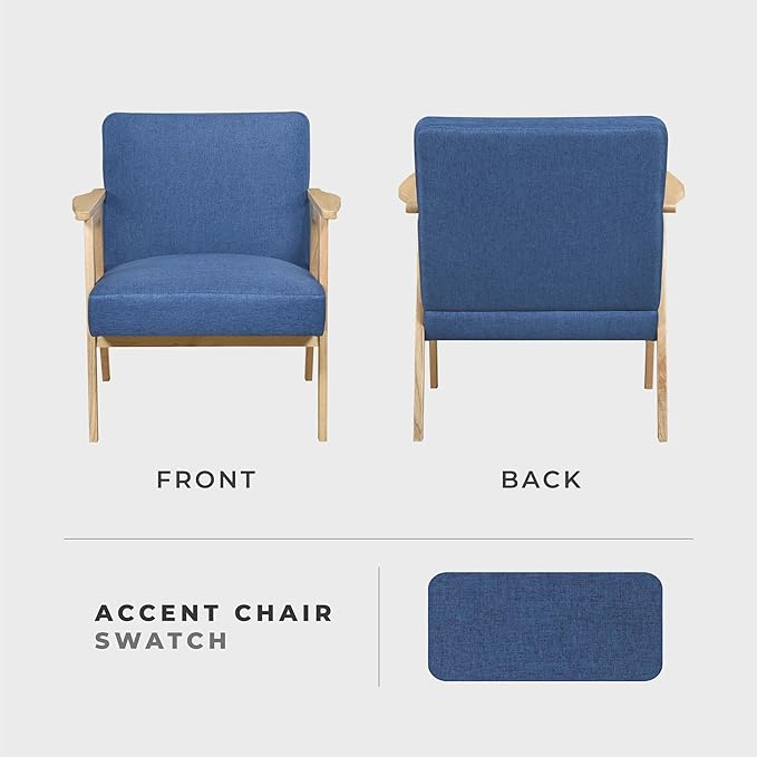 Lexicon Mid Century Modern Accent Chair Upholstered Lounge Armchair Single Sofa Seat Natural Finish Solid Wood Framed Comfy Side Chairs for Living Room/Bedroom/Office/Waiting Area Blue