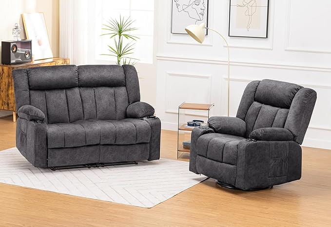 COMHOMA Manual Recliner Chair SetFabric Reclining Sofa Chair with Cup Holders Upholstered Recliner with Side Pockets Suitable for Living Room Furniture (2+1)