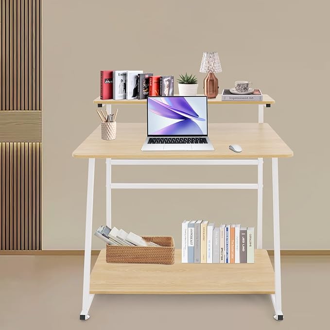 Small Office Mobile Computer Desk 3-Tier Laptop Table with Storage Shelves Tiny Computer Desk with Wheels for Home Office Bedroom Living Room Studio (Log Color+White)
