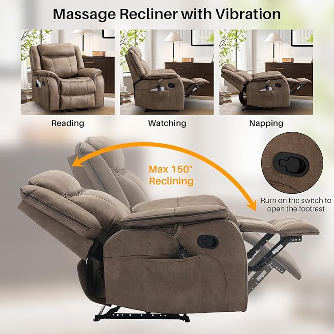 Massage Recliner Chair with Heat Faux Leather Recliner Chairs for Adults 39 Wide Manual Reclining Ergonomic Lounge Chair Overstuffed Wall Hugger Recliners for Living Room Nut Brown