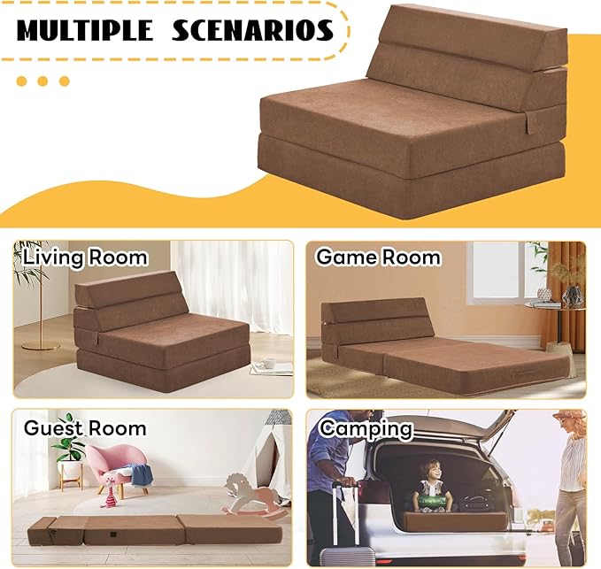 jela Foldable Sofa Bed Large Soft Foam Convertible Sleeper Chair Luxury Miss Fabric Fold Out Chair Bed Floor Couch with Back Support Floor Sofa for Living Room Bedroom (83x33Coffee Brown)