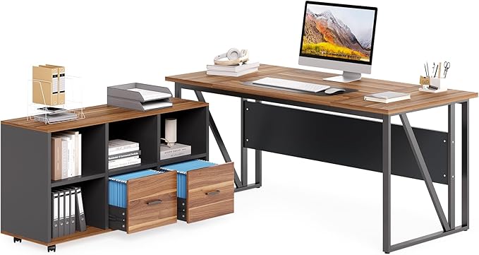 LITTLE TREE 63 Office Desk and 47 File Drawer Cabinet Large Computer Desk Study Writing Desk Workstation for Home Office