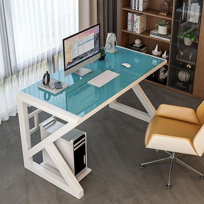 Tempered Glass Computer Desk Modern Home Office Desk Gaming Desk Writing Study Table Workstation for Home Office(100CM Blue+White Frame)