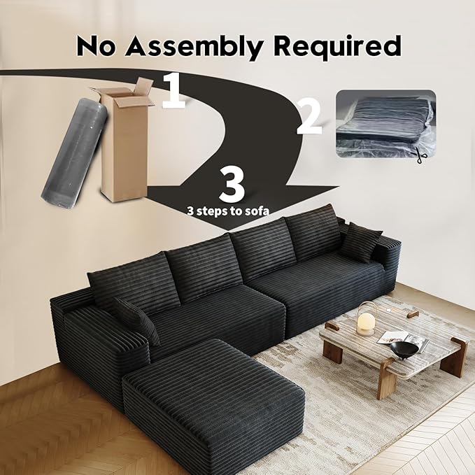 139.4 Modular Sectional Sofa L-Shaped Minimalist Couches with Ottoman Chaise Modern Deep Seat Convertible Sleeper SofaCloud Plush Corduroy Fabric No Assembly Required 5 Seater Black