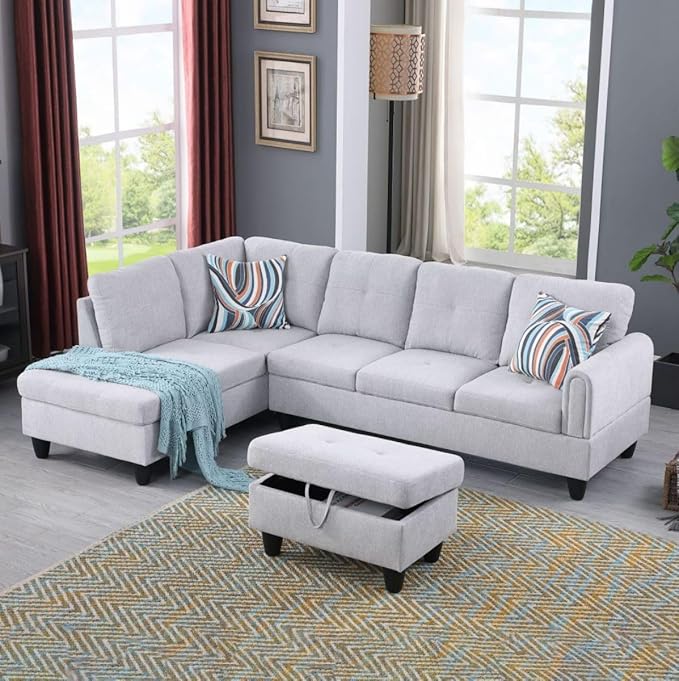 Grey L-Shaped 3-Piece Flannel Sofa with Storage Ottoman Set Sectional Couch Sofa Set for Living Room Office Small Space
