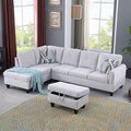 Grey L-Shaped 3-Piece Flannel Sofa with Storage Ottoman Set Sectional Couch Sofa Set for Living Room Office Small Space