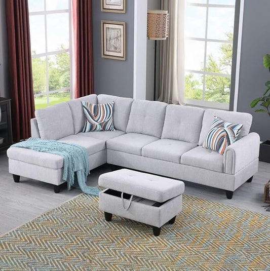 Grey L-Shaped 3-Piece Flannel Sofa with Storage Ottoman Set Sectional Couch Sofa Set for Living Room Office Small Space