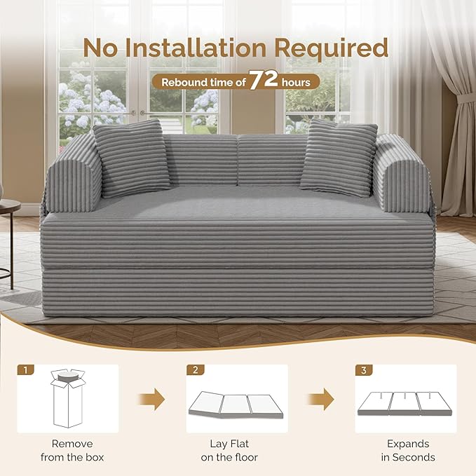 Convertible Coarser Corduroy Sleeper Sofa Bed with Cylindrical Pillow Folding Mattress Couch with Fixed-Shape Frame Floor Sofa Lounge Couch for Living Room Bedroom Lounge Studio Grey