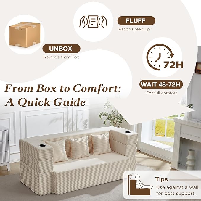 78.7 Inch Convertible Sofa Bed with 2 Ottomans 3-in-1 Folding Sleeper Couch &amp Flip-Up Armrest No Assembly Memory Foam Futon Bed for Small Space Floor Couch Lounge for Living Room ApartmentBeig