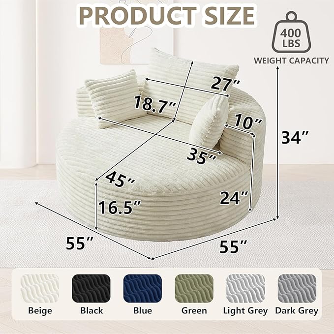 55 L Corduroy Sponge Single Sofa Oversized Round Chair Fluffy Modern Sleeper Chairs for Living Room Lounge and Projection Room Wide Armrest Lounge Chairs Armchair with Pillow White