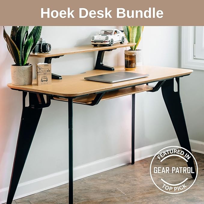 HOEK Desk Bundle Modular Work from Home Desk with Monitor Shelf Under Shelf Side Hook and Wall Cleat Compact 47.5 x 23 Durable Laminate Surface Easy Tool-Free Assembly (Birch/Black)