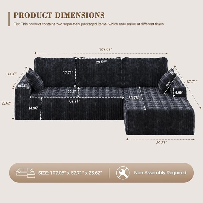 107 Sectional Couches 4 Seat Modular Sectional Sofa with Right Chaise Lounge Boneless Cloud Couch Upholstered Couch for Apartment Living Room No Assembly Required (Grey Stripe)