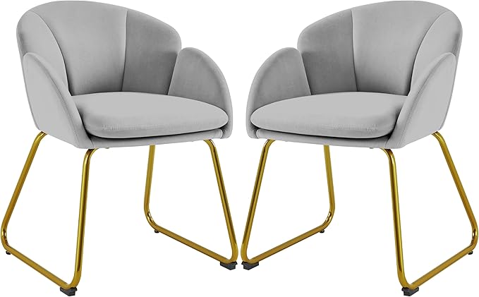 Yaheetech Velvet Dining Chair Flower Shaped Armchair with Golden Legs Upholstered Side Chair for Kitchen Dining Room Living Room Set of 2 Gray