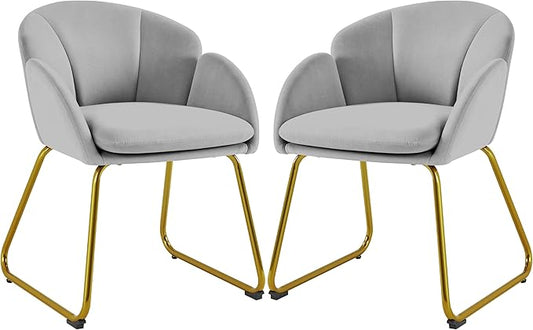 Yaheetech Velvet Dining Chair Flower Shaped Armchair with Golden Legs Upholstered Side Chair for Kitchen Dining Room Living Room Set of 2 Gray