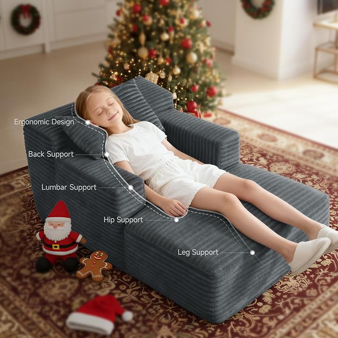 45'' Chaise Lounge Chair Indoor Corduroy Upholstered Boneless Sofa Bed Deep Seat Sleeper Couch Reading Chairs Small Comfy Cloud Sofas Couches for Living Room Bedroom Movie Room (Dark Grey)