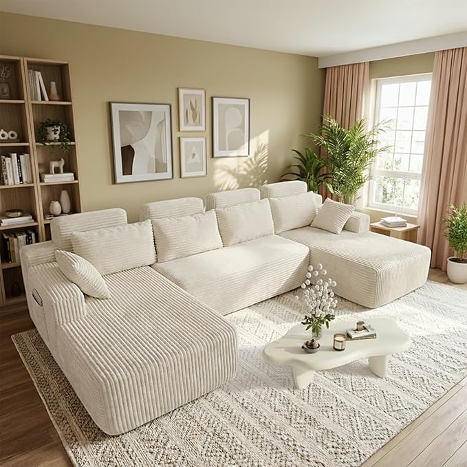 134 Boneless Couch for Living Room Oversized U Shaped Modular Cloud Sofa with Deep Seat Ergonomic Memory Foam Sleeper Chair Comfy Fluffy Corduroy Sectional Couches No Assembly White