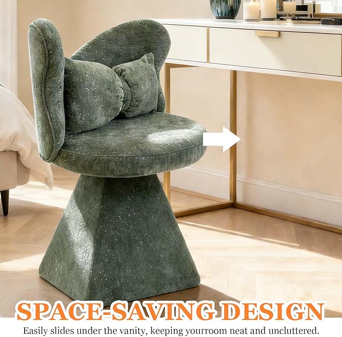 360° Swivel Vanity Chair with Back and PillowChenille Comfy Makeup Chairs for VanityGreen Modern Desk Chair No Wheels for BedroomLiving Room (Green)