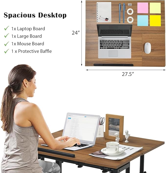 Tangkula Mobile Stand Up Desk Height Adjustable Home Office Desk with Standing &amp Seating 2 Modes Tilting Tabletop &amp Flexible Wheels Rolling Laptop Cart Sit Stand Desk (Walnut)