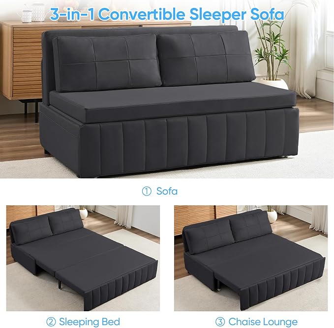 Mjkone 64 Width Queen Size Pull Out Sleeper Sofa Bed Couch 3-in-1 Faux Leather Loveseat Sofa Sleeper Armless Pullout Sofa Couch Bed with Side Pockets for Living Room Apartment Dark Grey