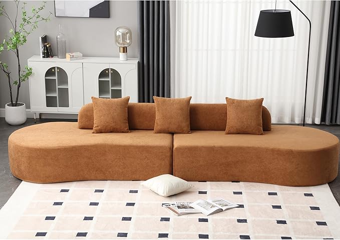 130'' Curved Modular Sectional Long Sofa Modern Cloud Boneless Deep Seat Couch Plush Terry Cloth Compressed Upholstered Lounge Sofa for Living Room No Assembly Required Orange 3 Pillows