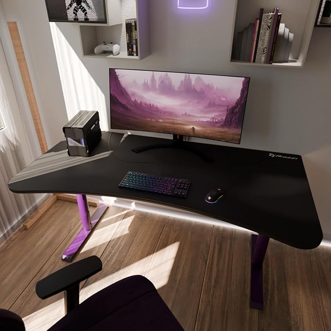 Arozzi Arena Ultrawide Curved Gaming and Office Desk with Full Surface Water Resistant Desk Mat with 3 Custom Monitor Mount Cut Outs and Under The Desk Cable Management Netting - Deep Purple