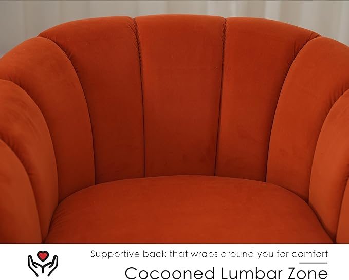 SITJOY Swivel Accent Chair Mid Century Modern Barrel Armchair with Solid Ash Wood Base Upholstered Chair for Living Room Bedroom Velvet Fabric in Burnt Orange