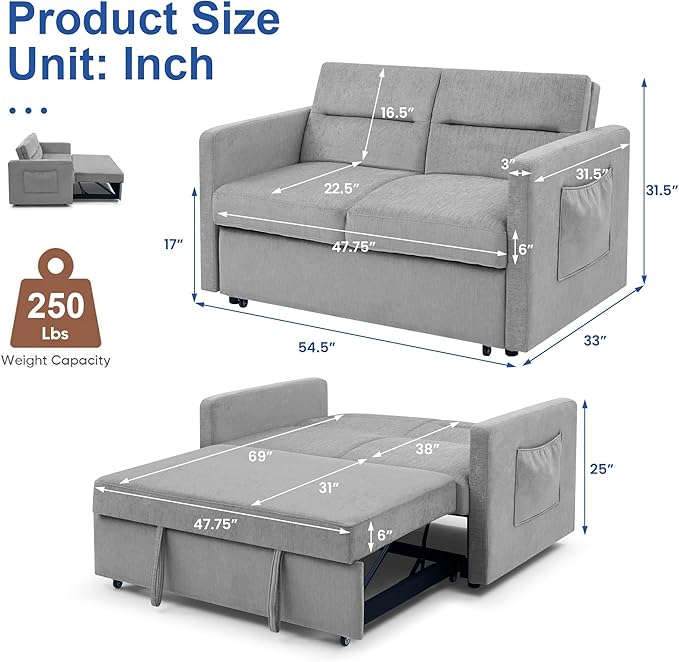 Loveseat Sleeper Sofa Bed Pull Out Couch Comfortable Chenille Fabric Adjustable Backrest Resilient Sponge Cushions Sturdy Wood Frame Side Storage Pockets Grey