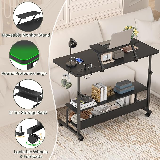 Height Adjustable Standing Desk with Power Outlets and LED Lights - 39 Manual Stand Up Desk with Monitor Stand and Storage Shelves Small Mobile Rolling Computer Desk Portable Laptop Table Black