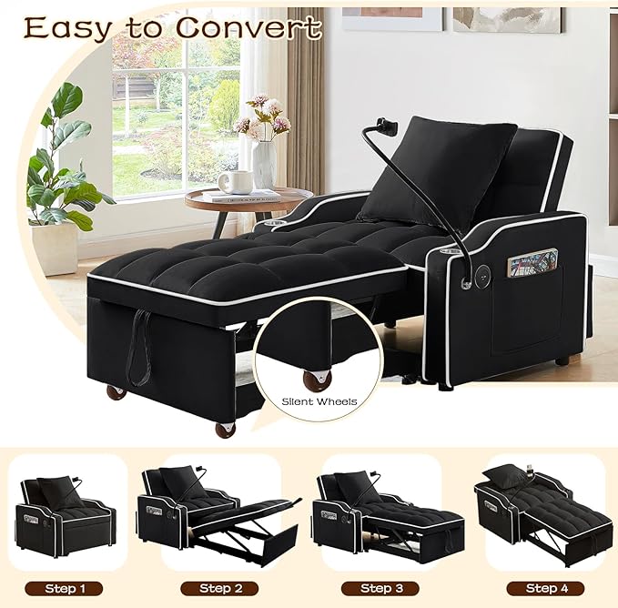 KINFFICT Sleeper Sofa Chair Bed Convertible 3-in-1 Sofa Armchair Adjustable Sleeper Chairs with Pullout Bed Single Lounger Futon with Side Pockets for Living Room (Black)