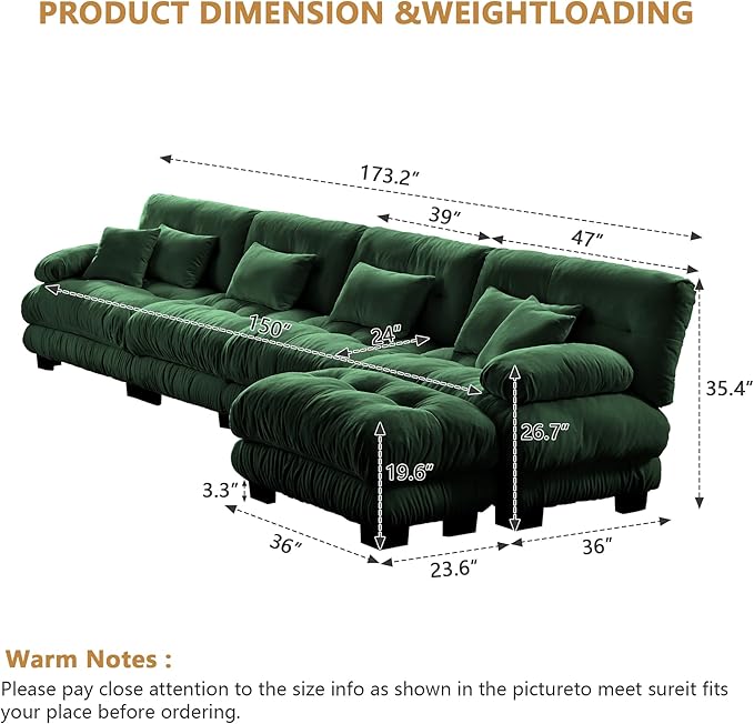 Aoowow Modern Modular Sectional Sofa173.2 Oversized 4 Seater L-Shaped CouchChenille Cloud Couches for Living RoomTufted 4 Seat Lounger Cloud Sofa with Deep Seat