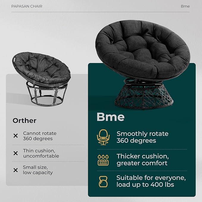 Bme 40 Ergonomic Wicker Papasan Chair with Soft Thick Cushion &amp Frame 360° Swivel Circle Reading Comfy Chair for Living Room Bedroom