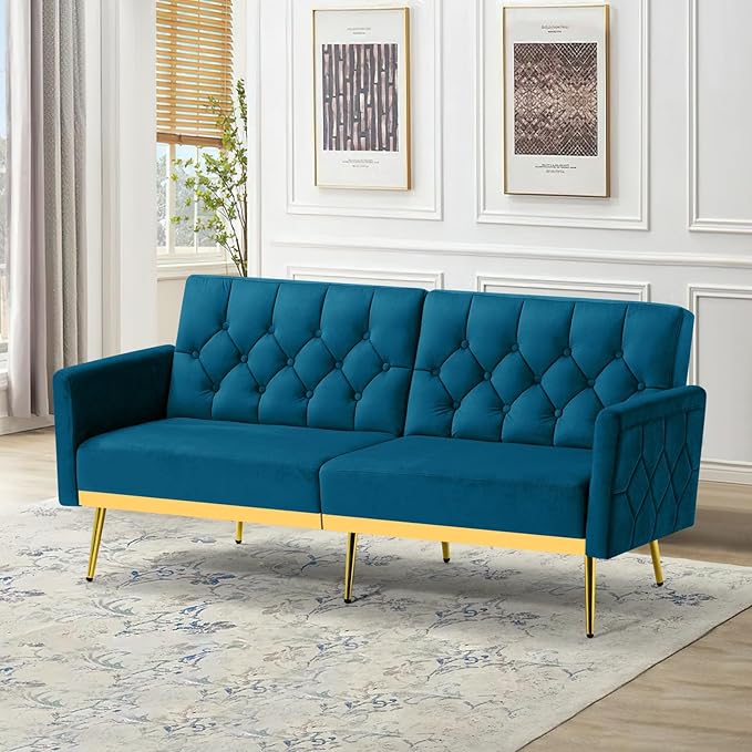 Tufted Velvet Futon Sofa Bed w/Adjustable Armrests &amp Backrests Comfortable Sleeper Couch Modern Convertible Love seat Sofa for Living Room Bedroom Apartment Teal