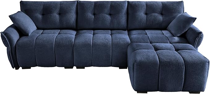 Aoowow Modular Sectional Sofa with Movable Ottoman 110.2” Chenille L Shaped Sofa Couch Upholstered Comfy 3-Seater Couches with Pillows for Living Room Apartment OfficeBlue
