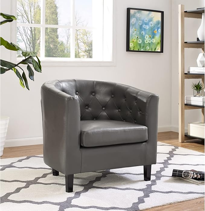 Naomi Home Emma Faux Leather Armchair Set of 2 Modern Tufted Barrel Accent Chairs with Wooden Legs Wide Seat &amp Supportive Back for Living Room Bedroom or Office – Gray