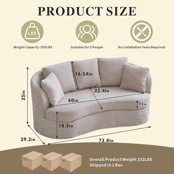 Chifee &amp Vingol 73 Modern Curved Sofa 3 Seater Comfy Cloud Couch Deep Seat Upholstered Sofa with Removable Cover for Living RoomTaupe
