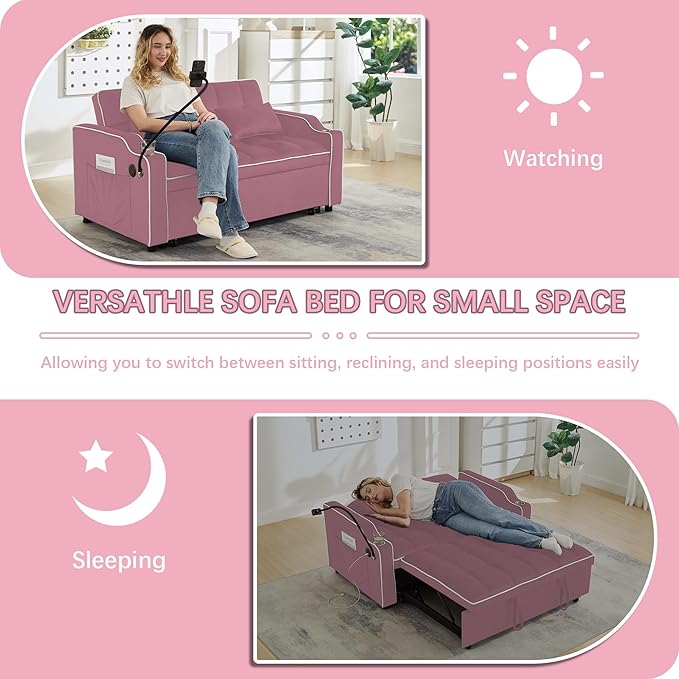 Loveseat Sofa Bed with USB Ports Phone Holder &amp Cup Holders | Convertible Futon Couch for Small Spaces Pull-Out Sleeper Sofa for Living Room &amp Apartments (Pink)