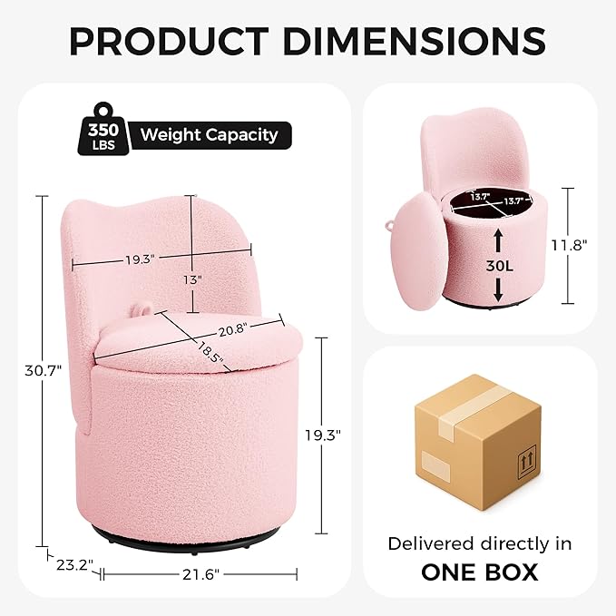 Vanity Chair with Storage Sherpa 360° Swivel Makeup Chair with Back Modern Swivel Accent Stool Barrel Chair Upholstered Ottoman Vanity Stool with Back for Bedroom Dressing Living Room Pink