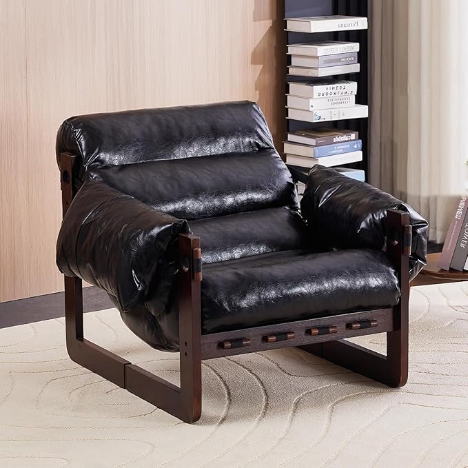 Modern Leather Accent Chair Mid Century Reading Chair with Solid Wood Frame and Removable Padded Armrests Upholstered Armchair with Soft Cushion for Bedroom Balcony Lounge Reading Room Retro Black