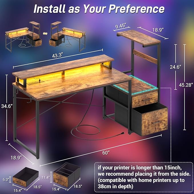 Aheaplus Gaming Desk with LED Strip &amp Power Outlet 59Inch Reversible Computer Desk with Monitor Stand &amp Storage Shelves Home Office Desks with Fabric File Drawer Gamer Table PC Desk Rustic