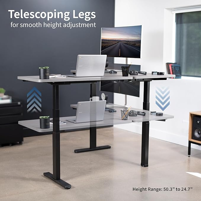 VIVO Electric Height Adjustable 67 x 60 inch Corner Stand Up Desk 2 Dark Gray Solid Table Tops Black Frame Memory Controller L-Shaped Workstation 3E Series DESK-KIT-3E6G