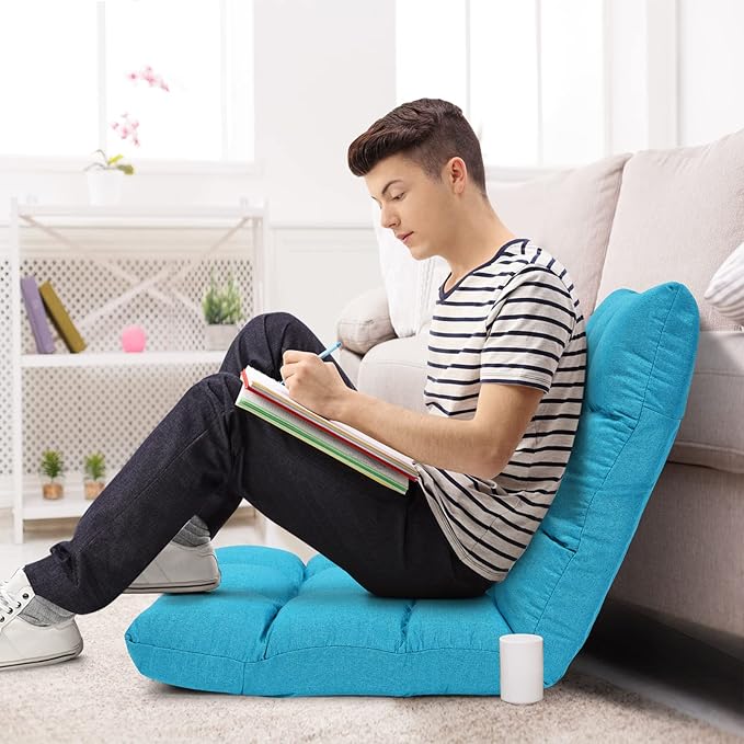 Giantex Adjustable Floor Gaming Sofa Chair 14-Position Cushioned Folding Lazy Recliner High Resilience Sponge Breathable Cotton &amp Linen Fabric Sleeper Bed Couch Recliner with Removable Cover