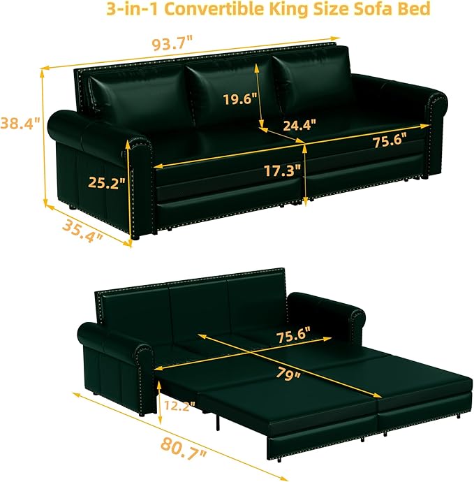 93.7 Faux Leather Convertible Sleeper Sofa 3 in 1 King Size Pull Out Sofa Bed Oversized Loveseat Couch for Living Room Bedroom Lake Green