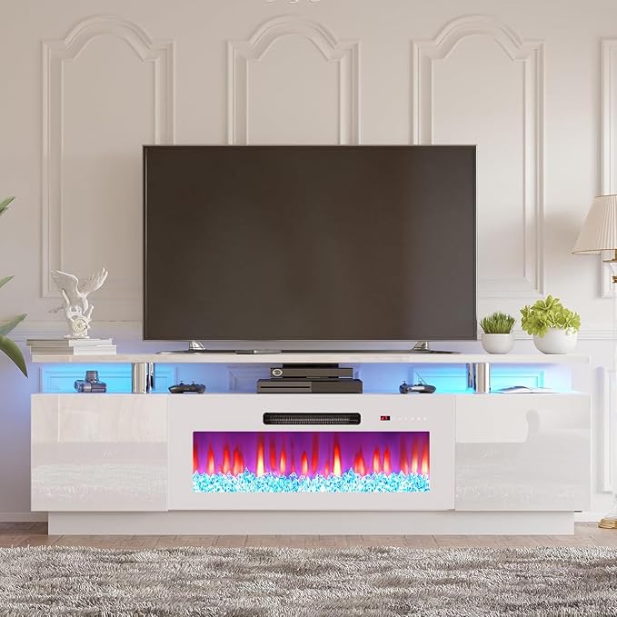 AMERLIFE Fireplace TV Stand with 36 Fireplace 70 Modern Fireplace Entertainment Center LED Lights 2 Tier TV Console Cabinet for TVs Up to 80 White &amp White