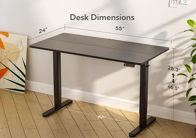 Seang Electric Standing Desk Adjustable Height with 3 Memory Presets 55x24 Inch Sit Stand with Splice Board for Home Office Computer Workstation Black Frame/Black Top