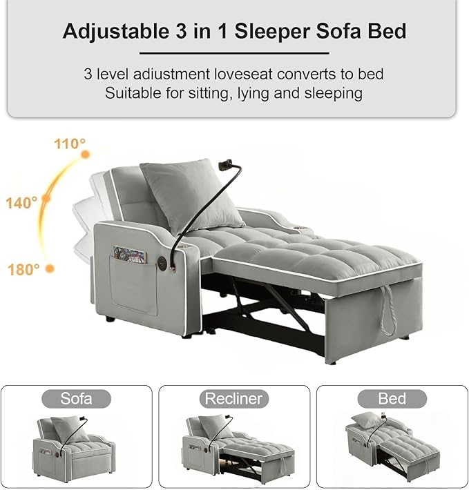 3 in 1 Convertible Sleeper Sofa Bed with Phone Holder 35'' Pull Out Sofa Bed Recliner with Adjustable Backrest Velvet Fabric Sleeper Couch Single Modern Chair for Small Space &amp RV Gray